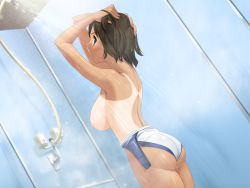 Rule 34 | 1girl, ass, blue eyes, blush, breasts, brown hair, cleavage, dark skin, game cg, hands in hair, huge ass, knobs, koi to mizugi to taiyo to, large breasts, looking back, nipples, nude, one-piece swimsuit, pov, short hair, shower, sideboob, steam, swimsuit, tan, tanline, undressing, wall, washing, water