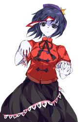 Rule 34 | 1girl, alphes (style), beret, black eyes, blue hair, chinese clothes, female focus, formless god, hat, jiangshi, miyako yoshika, ofuda, outstretched arms, pale skin, parody, ribbon, short hair, simple background, solo, star (symbol), style parody, touhou, zombie pose