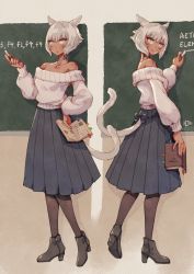 Rule 34 | 1girl, absurdres, animal ears, black pantyhose, book, cat ears, cat girl, cat tail, chalk, chalkboard, closed mouth, collarbone, dark-skinned female, dark skin, facial mark, final fantasy, final fantasy xiv, grey eyes, grey hair, hand on own hip, high heels, highres, hjz (artemi), holding, holding book, holding chalk, long skirt, long sleeves, looking at viewer, miqo&#039;te, multiple views, neck tattoo, off-shoulder sweater, off shoulder, open book, pantyhose, parted lips, pleated skirt, short hair, skirt, smile, sweater, tail, tattoo, whisker markings, y&#039;shtola rhul
