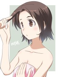 Rule 34 | 1girl, blush, breasts, brown eyes, brown hair, cleavage, collarbone, girls und panzer, naked towel, open mouth, osamada meika, sawa azusa, short hair, small breasts, solo, towel, upper body