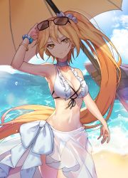 Rule 34 | 1girl, arm up, armpits, artist name, bad id, bad pixiv id, bangle, beach, beach umbrella, bead bracelet, beads, bikini, blonde hair, blue sky, bracelet, breasts, character request, check character, cleavage, cloud, day, elusha (joker), eyewear on head, forever 7th capital, frilled bikini, frills, frown, highres, jewelry, long hair, looking at viewer, medium breasts, outdoors, ponytail, risem, see-through, sky, solo, standing, stomach, sunglasses, sunglasses on head, swimsuit, umbrella, very long hair, wet, white bikini, yellow eyes