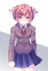 Rule 34 | 1girl, angry, blue skirt, blush, breasts, clenched hands, clenched teeth, collared shirt, commentary, cowboy shot, crying, crying with eyes open, doki doki literature club, grey background, grey jacket, hair ornament, hairclip, jacket, long sleeves, looking at viewer, miniskirt, natsuki (doki doki literature club), numbers (pigpenandpaper), pink eyes, pink hair, ribbon, school uniform, shirt, simple background, skirt, small breasts, solo, standing, tears, teeth, two side up, vest, walking, white background, white shirt, wing collar