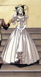 Rule 34 | 1990s (style), 1girl, deedlit, dress, elbow gloves, elf, formal, gloves, gown, holding hands, pointy ears, record of lodoss war, retro artstyle, solo, solo focus, yuuki nobuteru