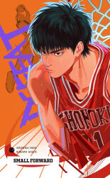 Rule 34 | 1boy, abstract background, basketball jersey, basketball uniform, black eyes, black hair, closed mouth, cropped torso, english text, highres, male focus, red tank top, rukawa kaede, short hair, slam dunk (series), solo, sportswear, sweat, tank top, toned, toned male, zxs1103