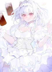 Rule 34 | 1girl, absurdres, ahoge, bare shoulders, beer mug, blush, breasts, cleavage cutout, clothing cutout, corset, cup, dirndl, dress, fate/grand order, fate (series), frilled hairband, frills, german clothes, hairband, highres, lady avalon (event portrait) (fate), lady avalon (fate), long hair, looking at viewer, medium breasts, merlin (fate/prototype), mug, pointy ears, red eyes, scrunchie, smile, solo, uxco0, very long hair, white dress, white hair, wrist scrunchie