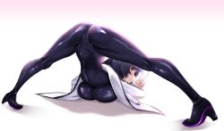 Rule 34 | 1girl, ass, black hair, blake belladonna, blush, bodysuit, breasts, cameltoe, cleft of venus, flexible, highres, jack-o&#039; challenge, jacket, large breasts, legs, looking at viewer, looking back, meme, nico-mo, parody, rwby, short hair, skin tight, solo, spread legs, top-down bottom-up, v, white background, yellow eyes