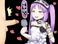 Rule 34 | 1boy, 1girl, breasts, censored, choker, cup, dress, drinking glass, fate/grand order, fate/hollow ataraxia, fate (series), glass, headband, heart, jewelry, long hair, looking at penis, penis, purple eyes, purple hair, simple background, small breasts, smile, stheno (fate), tagme, text focus, twintails, very long hair, white dress, wine glass