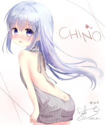 Rule 34 | 1girl, arched back, artist name, backless dress, backless outfit, bare back, bare shoulders, blue hair, blush, butt crack, character name, dress, from behind, gochuumon wa usagi desu ka?, grey sweater, hair between eyes, hair ornament, halterneck, highres, kafuu chino, kouda suzu, long hair, looking at viewer, looking back, meme attire, naked sweater, open mouth, purple eyes, ribbed sweater, signature, solo, sweater, sweater dress, turtleneck, turtleneck sweater, virgin killer sweater, x hair ornament