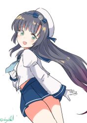 Rule 34 | 1girl, absurdres, black hair, blue neckerchief, blue sailor collar, blue skirt, from behind, gloves, gradient hair, green eyes, hat, highres, kantai collection, long hair, long sleeves, looking at viewer, looking back, matsuwa (kancolle), multicolored hair, neckerchief, one-hour drawing challenge, pleated skirt, purple hair, robinson (day l full), sailor collar, sailor hat, school uniform, serafuku, simple background, skirt, solo, white background, white gloves, white hat