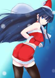 Rule 34 | 1girl, aquaplus, ass, bare shoulders, black hair, blue eyes, breasts, choker, christmas, closed mouth, cowboy shot, crop top, dboy0577, dress, fingerless gloves, from side, gloves, hat, highres, huge ass, large breasts, long hair, looking at viewer, santa costume, santa dress, santa gloves, santa hat, sidelocks, skirt, sleeveless, smile, solo, thighhighs, thighs, touma kazusa, very long hair, white album, white album (series), white album 2
