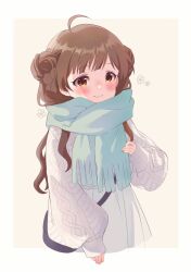 Rule 34 | 1girl, ahoge, alternate hairstyle, bag, blue bag, blue scarf, blush, border, brown background, brown eyes, brown hair, brown ribbon, cable knit, closed mouth, cold, commentary request, cropped legs, double bun, flower (symbol), fringe trim, goma konbu, grey sweater, hair bun, hair ornament, hair ribbon, hakozaki serika, hand on own chest, handbag, highres, idolmaster, idolmaster million live!, long hair, long sleeves, looking ahead, outside border, pom pom (clothes), pom pom hair ornament, puffy long sleeves, puffy sleeves, raised eyebrows, ribbon, scarf, shoulder strap, simple background, skirt, sleeves past wrists, smile, solo, split mouth, sweater, sweater tucked in, swept bangs, thick eyelashes, three quarter view, wavy mouth, white border, white skirt