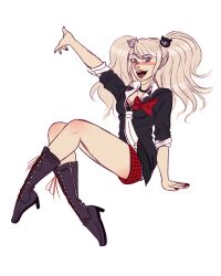 Rule 34 | 1girl, arm up, bear hair ornament, berrybagels, black footwear, black necktie, black shirt, blonde hair, blue eyes, blush, boots, bow, breasts, calf boots, choker, cleavage, collarbone, collared shirt, danganronpa: trigger happy havoc, danganronpa (series), enoshima junko, eyebrows, female focus, fingernails, full body, hair ornament, hand up, high heel boots, high heels, highres, knee blush, long hair, looking at viewer, medium breasts, multicolored necktie, nail polish, necktie, open mouth, plaid, plaid skirt, red bow, red nails, red skirt, shirt, shoelaces, simple background, sitting, skirt, sleeves rolled up, solo, teeth, thighs, tongue, transparent background, twintails, white necktie, zipper footwear