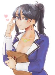 Rule 34 | 1girl, adjusting eyewear, bad id, bad twitter id, black hair, blue eyes, breasts, cleavage, earrings, fire emblem, folder, glasses, heart, heart earrings, highres, jacket, jewelry, large breasts, looking at viewer, necklace, nintendo, ponytail, shimazaki maiko, simple background, solo, tnmrdgr, tokyo mirage sessions fe, upper body, white background