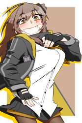 Rule 34 | 1girl, armband, black jacket, black pantyhose, black skirt, blush, breasts, brown hair, ckom2723, clenched teeth, crossed bangs, fingerless gloves, girls&#039; frontline, gloves, grin, hand on own hip, hands on own chest, highres, hood, hood down, hooded jacket, jacket, large breasts, long hair, looking at viewer, one side up, open clothes, open jacket, pantyhose, scar, scar across eye, scar on face, shirt, simple background, skirt, smile, solo, teeth, ump45 (girls&#039; frontline), white shirt, yellow eyes