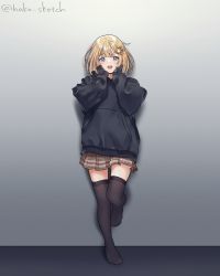 Rule 34 | 1girl, :d, against wall, alternate costume, black hoodie, blonde hair, blue eyes, blush, brown skirt, commentary, full body, gear hair ornament, gradient background, grey background, hair ornament, hako sketch, hands on own cheeks, hands on own face, highres, hololive, hololive english, hood, hoodie, long sleeves, looking at viewer, magnifying glass, miniskirt, open mouth, plaid, plaid skirt, pleated skirt, shadow, short hair, simple background, skirt, smile, solo, standing, standing on one leg, thighhighs, twitter username, virtual youtuber, watson amelia, zettai ryouiki
