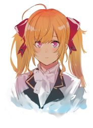 Rule 34 | 1girl, absurdres, ahoge, blazer, blonde hair, blush, bow, bowtie, facing viewer, hair bow, highres, isshiki (ffmania7), jacket, light frown, looking at viewer, nijisanji, portrait, red bow, red eyes, shirt, sidelocks, solo, takamiya rion, takamiya rion (1st costume), twintails, virtual youtuber, white background, white bow, white bowtie, white shirt, wing collar