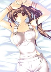 Rule 34 | 1girl, breasts, brown eyes, brown hair, dead or alive, iizuki tasuku, kasumi (doa), large breasts, long hair, naked overalls, overalls, ponytail, solo, tecmo
