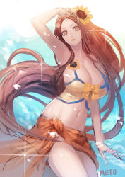 Rule 34 | 1girl, alternate costume, arm up, armpits, blue sky, breasts, brown eyes, brown hair, cleavage, day, flower, hair flower, hair ornament, huge breasts, large breasts, league of legends, leona (league of legends), long hair, looking at viewer, meto31, midriff, navel, outdoors, parted lips, pool party leona, sky, solo, sparkle, standing, sunflower, swimsuit, very long hair