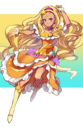 Rule 34 | 1girl, amamiya elena, arm up, blonde hair, boots, collarbone, cure soleil, dark skin, dark-skinned female, dress, earrings, floating hair, frilled dress, frills, hair ornament, highres, jewelry, knee boots, layered dress, leg up, long hair, looking at viewer, mole, mole under eye, necklace, orange dress, outstretched arm, precure, purple eyes, shimatani azu, sleeveless, sleeveless dress, smile, solo, star (symbol), star hair ornament, star twinkle precure, very long hair, white footwear, wrist cuffs