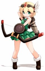 Rule 34 | 1girl, bare shoulders, blonde hair, boots, bow (weapon), buckler, chestnut mouth, dress, feathers, fingerless gloves, gloves, green dress, green eyes, hair ornament, headgear, highres, karukan (monjya), layered dress, looking at viewer, parted lips, pointy ears, quiver, shadow, shield, short hair, simple background, sleeveless, sleeveless dress, solo, standing, weapon, white background