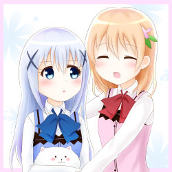 Rule 34 | 2girls, :3, :d, :o, ^ ^, angora rabbit, animal, blue eyes, blue hair, blue neckwear, blue vest, blush, border, bow, bowtie, breasts, buttons, closed eyes, collared shirt, facing another, gochuumon wa usagi desu ka?, hair between eyes, hair ornament, hairclip, holding, holding animal, hoto cocoa, kafuu chino, light blue hair, long hair, lunatic., multiple girls, open mouth, orange hair, outstretched arms, pink border, pink vest, rabbit, rabbit house uniform, red neckwear, shirt, sidelocks, small breasts, smile, tippy (gochiusa), two-tone background, upper body, vest, white shirt, wing collar, x hair ornament