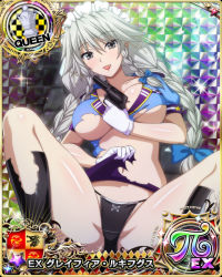 Rule 34 | 1girl, black footwear, black panties, blue bow, boots, bow, braid, breasts, card (medium), chess piece, cleavage, female focus, gloves, grayfia lucifuge, grey eyes, grey hair, gun, hair bow, high school dxd, holding, holding gun, holding weapon, knee boots, large breasts, long hair, maid headdress, matching hair/eyes, mature female, official art, open mouth, panties, police, police uniform, queen (chess), smile, solo, torn clothes, twin braids, underboob, underwear, uniform, weapon, white gloves