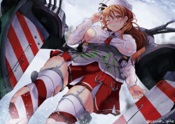 Rule 34 | 10s, 1girl, ;(, anchor, bare shoulders, blush, breasts, brown eyes, brown hair, from below, garter straps, gin&#039;ichi (akacia), hat, headdress, kantai collection, large breasts, littorio (kancolle), long hair, long sleeves, machinery, necktie, no bra, one eye closed, red necktie, red skirt, skirt, solo, striped clothes, striped thighhighs, thighhighs, torn clothes, torn thighhighs, turret, twitter username, wet, wet clothes