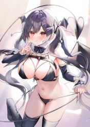 Rule 34 | 1girl, :3, :q, ayuma sayu, bare shoulders, bikini, black bikini, black hair, black thighhighs, boots, bow, bowtie, breasts, chest harness, cleavage, closed mouth, demon girl, demon tail, demon wings, detached collar, detached sleeves, finger to cheek, front-tie bikini top, front-tie top, hair ornament, hairclip, harness, head wings, highres, large breasts, leg up, long hair, long sleeves, looking at viewer, multi-strapped bikini, navel, original, red eyes, side-tie bikini bottom, smile, solo, stomach, string bikini, swimsuit, tail, thigh boots, thighhighs, thighs, tongue, tongue out, twintails, untied bikini, untying, very long hair, wings
