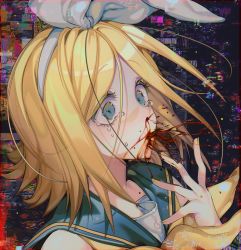 Rule 34 | 1girl, aqua eyes, bad id, bad pixiv id, bare shoulders, blonde hair, blood, blood from mouth, bow, chariko, chromatic aberration, crying, crying with eyes open, glitch, hair bow, kagamine rin, multicolored background, nosebleed, pale skin, sailor collar, shirt, short hair, sleeveless, sleeveless shirt, solo, static, surprised, tears, treble clef, vocaloid