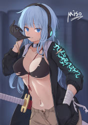 Rule 34 | 1girl, absurdres, adjusting clothes, adjusting gloves, artist name, b7669726, bandages, bangle, between breasts, black bra, black choker, black gloves, black jacket, blue eyes, blue hair, blunt bangs, blurry, blurry background, bra, bracelet, breasts, brown pants, choker, cleavage, collar, commentary request, cowboy shot, gloves, hand in pocket, hand up, headphones, highres, indoors, jacket, jewelry, long hair, long sleeves, looking at viewer, navel, open clothes, open fly, open jacket, original, pants, parted lips, sheath, sheathed, solo, stomach, sword, torn bra, torn clothes, underwear, weapon