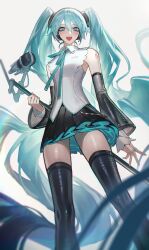 Rule 34 | 1girl, :d, absurdly long hair, absurdres, aqua eyes, aqua hair, aqua ribbon, bare shoulders, black skirt, black thighhighs, breasts, detached sleeves, hatsune miku, highres, holding, holding microphone stand, layered sleeves, long hair, looking at viewer, looking down, microphone, microphone stand, miku day, neck ribbon, open mouth, rhine (overtonerhine), ribbon, skirt, small breasts, smile, solo, standing, thighhighs, twintails, very long hair, vocaloid