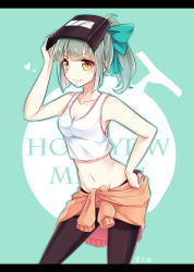 Rule 34 | 10s, 1girl, bow, breasts, cleavage, clothes around waist, crop top, crop top overhang, fingernails, front-tie top, green hair, hair bow, hand on own hip, kantai collection, long fingernails, long hair, meisenraku, midriff, navel, pantyhose, ponytail, smile, sweater, sweater around waist, tank top, welding mask, yellow eyes, yuubari (kancolle)