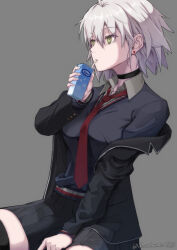 Rule 34 | 1girl, ahoge, black choker, black shirt, black skirt, breasts, choker, collared shirt, deishuu, drinking straw, drinking straw in mouth, earrings, fate/grand order, fate (series), green eyes, jacket, jeanne d&#039;arc alter (avenger) (fate), jeanne d&#039;arc alter (fate), jewelry, large breasts, looking to the side, necktie, school uniform, shirt, short hair, simple background, skirt, solo, stud earrings, sweater, twitter username, white hair