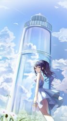 Rule 34 | 1girl, absurdres, bird, blue sky, blush, breasts, closed mouth, cloud, dress, flower, frills, highres, hyonee, long hair, looking at viewer, medium breasts, ponytail, project sekai, purple eyes, purple hair, sandals, sky, solo, standing, sundress, tower, unworn sandals, white bird, white dress, white flower