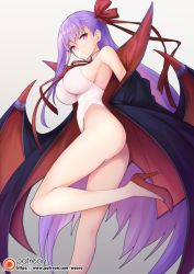 Rule 34 | 1girl, ass, bare shoulders, bb (fate), bb (fate) (all), bb (swimsuit mooncancer) (fate), bb (swimsuit mooncancer) (third ascension) (fate), breasts, closed mouth, coat, colored eyelashes, demon wings, fate/grand order, fate (series), from side, gradient background, grey background, hair between eyes, hair ribbon, halterneck, high heels, highleg, highleg swimsuit, large breasts, legs, long hair, looking at viewer, multicolored coat, one-piece swimsuit, patreon logo, patreon username, popped collar, purple eyes, purple hair, ribbon, robe, simple background, solo, stiletto heels, swimsuit, thighs, very long hair, waero, watermark, web address, white background, white one-piece swimsuit, wings
