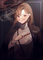 Rule 34 | 1girl, brown hair, coat, earrings, glasses, highres, jewelry, long hair, long sleeves, looking at viewer, necklace, open clothes, open coat, open mouth, original, smoke, solo, suna co, sweater, turtleneck, turtleneck sweater, vaping