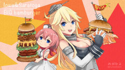 Rule 34 | aged down, blonde hair, blue eyes, breast pocket, brown hair, burger, commentary request, dress, elbow gloves, food, front-tie top, gloves, hair between eyes, headgear, holding, holding food, iowa (kancolle), kantai collection, megahiyo, neckerchief, pocket, ponytail, red neckerchief, saratoga (kancolle), side ponytail, star-shaped pupils, star (symbol), symbol-shaped pupils, white dress