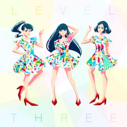 Rule 34 | 3girls, album name, arm up, a~chan, black hair, blue eyes, blunt bangs, closed mouth, dress, earrings, eggloaf, full body, hand on own head, high heels, highres, jewelry, kashiyuka, level three (perfume), long hair, looking at viewer, looking to the side, multiple girls, nocchi (perfume), perfume (band), ponytail, red footwear, short hair, short sleeves, smile