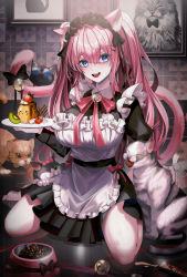 Rule 34 | 1girl, absurdres, animal ear fluff, animal ears, apron, bell, blue eyes, bow, cat, cat ears, cat tail, dress, food, frills, fruit, glasses, highres, holding, holding plate, libo (724ml), long hair, looking at viewer, maid, maid apron, maid headdress, open mouth, original, paw print, pet food, photo (object), pink hair, plate, pudding, puffy sleeves, ribbon, seiza, sitting, solo, tail, tail bell, tail ornament, tail ribbon, twintails