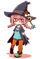 Rule 34 | 1girl, black hat, black jacket, blouse, blue shirt, blush, braid, brown gloves, brown hair, chloe de gervaise, collarbone, colored shadow, commentary request, elbow gloves, etrian odyssey, fingerless gloves, full body, glasses, gloves, hair between eyes, hat, hat ornament, jack-o&#039;-lantern, jacket, long hair, looking at viewer, low twintails, naga u, open clothes, open jacket, orange pantyhose, pantyhose, parted lips, red-framed eyewear, red eyes, sekaiju no meikyuu, shadow, shin sekaiju no meikyuu 2, shirt, short sleeves, solo, standing, star (symbol), twin braids, twintails, white background, witch hat