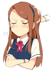 Rule 34 | 1girl, puff of air, black hairband, blue sweater, blush, breasts, brown hair, closed mouth, commentary request, crossed arms, disembodied hand, closed eyes, facing viewer, hairband, headpat, highres, idolmaster, idolmaster (classic), long hair, minase iori, motion lines, neck ribbon, pink ribbon, ribbon, shirt, short sleeves, simple background, small breasts, sweatdrop, sweater, sweater vest, tuxedo de cat, upper body, white background, white shirt
