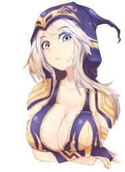 Rule 34 | 1girl, absurdres, aqua eyes, ashe (league of legends), blush, breast hold, breast lift, breasts, cleavage, female focus, highres, hood, large breasts, league of legends, looking at viewer, mole, mole on breast, pingqiong xiansheng, simple background, solo, tryndamere, wavy mouth, when you see it, white hair