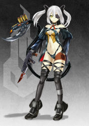 Rule 34 | alternate breast size, alternate costume, alternate eye color, alternate hair color, alternate skin color, bayonet, blade, blood, boots, choker, coat, coattails, commentary, commission, corruption, drum magazine, ear piercing, eyepatch, flamethrower, folding stock, foregrip, full body, garter straps, girls&#039; frontline, gloves, gun, hair ornament, hand on own hip, highres, holster, impossible clothes, kein hasegawa, leaning, magazine (weapon), mechanical tail, pale skin, piercing, revealing clothes, ribbon choker, sangvis ferri, scorpion tail, skorpion (girls&#039; frontline), skorpion vz. 61, smile, solo, standing, stock (firearm), strap, submachine gun, suppressor, tail, thighhighs, thong, twintails, vest, weapon, white hair, wide sleeves, yellow eyes