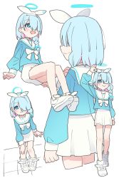 Rule 34 | arm support, arm up, arona (blue archive), blue archive, blue eyes, blue hair, blue shirt, bow, bowtie, braid, commentary, flat chest, from above, from behind, from below, hair over one eye, hair ribbon, hairband, halo, hand on own chest, highres, invisible chair, kamo (kamonabe 44), light blue hair, light blush, long sleeves, looking away, looking up, one eye covered, open mouth, panties, panty peek, pink panties, ribbon, sailor collar, school uniform, serafuku, shirt, short hair, sitting, skirt, smile, standing, underwear, white background, white bow, white bowtie, white footwear, white sailor collar, white skirt