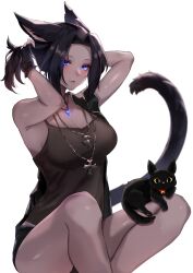 Rule 34 | 1girl, absurdres, aira saunar, animal ears, black cat, black hair, blue eyes, breasts, cat, cat ears, cat tail, colored skin, commentary, english commentary, final fantasy, final fantasy xiv, fingerless gloves, gloves, grey skin, highres, jewelry, large breasts, looking at viewer, midd night, miqo&#039;te, pendant, short hair, shorts, sitting, solo, tail, tank top, tying hair, warrior of light (ff14), white background
