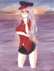 Rule 34 | 10s, 1girl, blush, breasts, covered erect nipples, gangut (kancolle), hat, kantai collection, long hair, long sleeves, looking at viewer, medium breasts, miniskirt, open mouth, paundo2, red eyes, silver hair, skirt, solo, standing, uniform