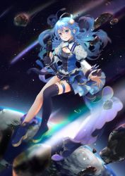 Rule 34 | 1girl, absurdres, blue eyes, blue hair, blush, comet, earth (planet), full body, gloves, hair ornament, hair ribbon, highres, hololive, hoshimachi suisei, hoshimachi suisei (stellar into the galaxy), idol, juliet sleeves, kamui (kamuikaoru), long hair, long sleeves, looking at viewer, mixed-language commentary, o-ring, o-ring thigh strap, open mouth, planet, puffy sleeves, ribbon, single glove, single thighhigh, sky, solo, space, star (sky), star (symbol), star hair ornament, star in eye, starry sky, symbol in eye, thigh strap, thighhighs, virtual youtuber