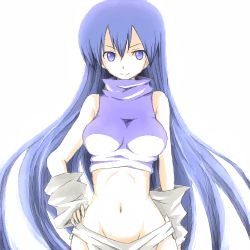Rule 34 | 1girl, blue eyes, blue hair, breasts, closed mouth, eve neuschwanstein, groin, long hair, looking at viewer, lowres, navel, needless, runaru, simple background, smile, solo, white background