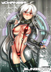 Rule 34 | 1girl, ahoge, blush, breasts, caffein, cleavage, fingerless gloves, gloves, goggles, goggles around neck, grey hair, groin, highres, huge breasts, long hair, looking at viewer, nail polish, red eyes, slingshot swimsuit, solo, swimsuit, very long hair, vocaloid, yowane haku