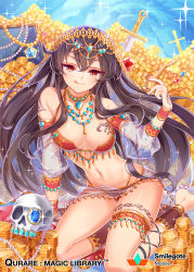 Rule 34 | 1girl, :3, :q, ahoge, arm support, arm up, armlet, bare shoulders, black hair, breasts, brown hair, coin, copyright name, detached sleeves, gem, genie, gold, hair between eyes, hand tattoo, holding, jewelry, large breasts, legband, leglet, licking lips, long hair, looking at viewer, navel, necklace, official art, panties, qurare magic library, red eyes, red panties, revealing clothes, see-through, sitting, skull, smile, solo, sword, tattoo, tongue, tongue out, underwear, watermark, weapon, wristband, zenyu
